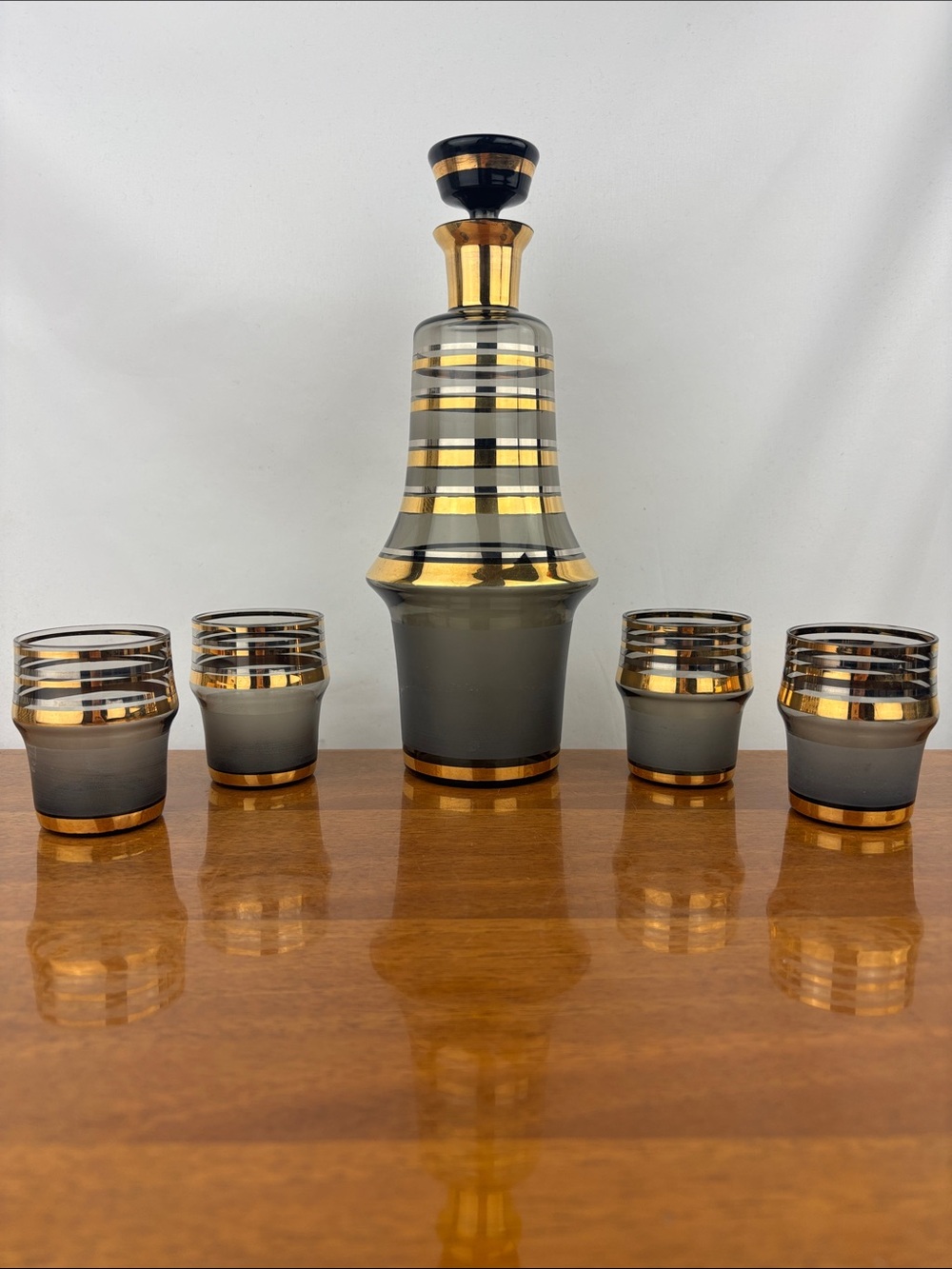 Vintage mid-century modern smoky glass decanter bar ware set